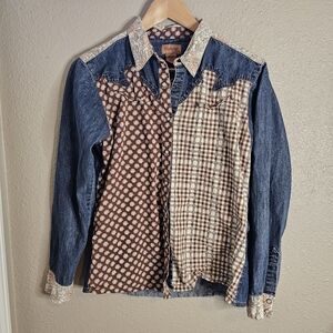 Wrangler | Denim Chambray Cotton Western Snap Button Down With Floral & Plaid